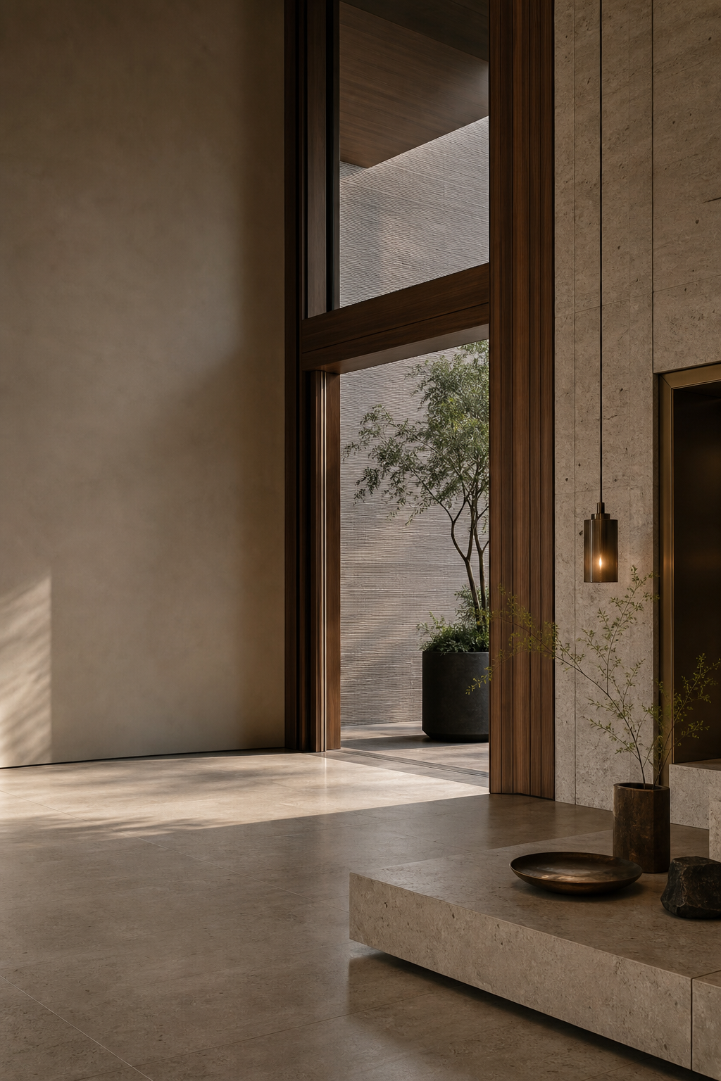 Conceptual premium hero visual for Vaastvik Infra showing a calm architectural transition space.